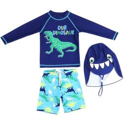 AIWUHE Jungen Badeanzug Zweiteiliger Swimsuit Trunk and Rashguard Set Schwimmshirt Uv-Schutz Dinosaurier Bade-Set mit Hut Grüner Dinosaurier 120 von AIWUHE