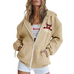 AIchenYW Damen Langarm Reißverschluss Mäntel Sweatshirt lose Kapuzen Jacke Outdoor Fitness Training Kapuzenpullover Elegant Outdoorjacke mit Taschen Oversized Entspannt Jacket Hoodie (Khaki, L) von AIchenYW