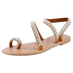 AIchenYW Zehen Pantoletten Damen Sandale Elegant Flach Hausschuhe Mit Fussbett Zehentrenner Slipper Hinten Offen Hausschuhe Clogs Pantoletten Strass Sommer Sandalen (Brown, 35) von AIchenYW