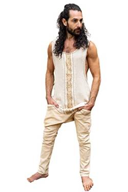 AJJAYA Kaza Herren beige Tanktop-ärmellose Yoga Deep Cut Atmable Semi-Durchsuchungs-Baumwoll-Stammesmuster Block gedrucktes Festival Ceremonial von AJJAYA