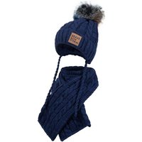 AJS Mütze & Schal Strickmütze Wintermütze Schal Winterset Bommel Bindemütze mit praktischen Bindebändern von AJS