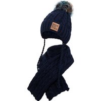 AJS Mütze & Schal Strickmütze Wintermütze Schal Winterset Bommel Bindemütze mit praktischen Bindebändern von AJS