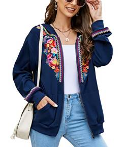 AK Damen Full Zip Langarm Besticktes Sweatshirt Floral Boho Bestickt Mexikanischer Hoodie Herbst Winter Mantel Tops Jacken, Blau-523, XXL von AK