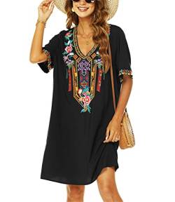 AK Damen Sommer Boho Mexikanisches Bauernkleid Casual Lose Kurzarm Floral Gestickt Flowy T-Shirt Sommerkleider, 446-schwarz, X-Groß von AK