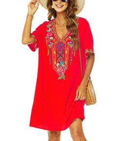 AK Damen Sommer Boho Mexikanisches Bauernkleid Kurzarm Floral Gestickt Flowy Kleider Lose Hippie Bohemian Tunika, Rot-1, X-Groß von AK