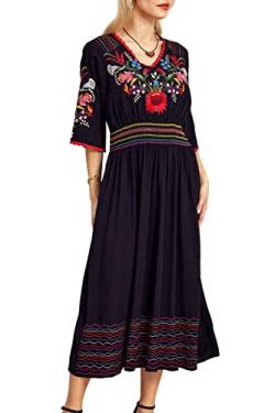AK Traditionelles mexikanisches Kleid für Damen, Sommerkleid, Vintage-Stil, Blumenmuster, bestickt, fließend, tiefer V-Ausschnitt, Maxi-Midikleid, Schwarz, Mittel von AK
