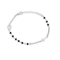 AKA Gioielli® - 925 Silber Rosenkranz Armband mit Schwarze Steine mit Jungfrau Maria und Kreuz - Armband für Damen und Herren, längenverstellbar von AKA Gioielli