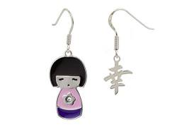 Aka Gioielli® - Damen Anhänger Ohrringe 925 Sterling Silber emailliert und Swarovski Kristalle, Japanische Puppe mit "Glück" Schrift von AKA Gioielli