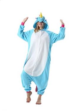 AKAAYUKO Damen Herren Karneval Kostüm Pyjama Weihnachten Tiere Onesie Halloween Jumpsuit Schlafanzug Faschingskostüme Overall Nachtwäsche Blaues Einhorn-XK von AKAAYUKO