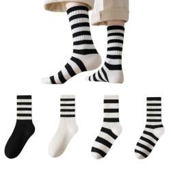 AKAMAS 4 Paar Damen Baumwollsocken,Lustige Schwarz Weiß Gestreifte Socken,Atmungsaktive Sportsocken,Modische Freizeit-Socken Knöchelsocken,Schwarz-weiße Colour-Blocking-Socken B von AKAMAS