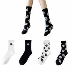 AKAMAS 4 Paar Damen Baumwollsocken,Schwarz Weiße Cartoon Katzen Socken,Lustige Tier Crew Socken,Atmungsaktive Sportsocken,Süße Socken Geschenke für Mädchen und Frauen A von AKAMAS