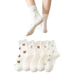 AKAMAS 5 Paar Damen Baumwollsocken,Niedliche Stickerei Muster Knöchelsocken,Bär Muster Socken,Süße Blume Socken,Lustige Obst Tier Socken,Täglich Lässig Socken,Schöne Weiße Socken,Geschenke für Frauen von AKAMAS