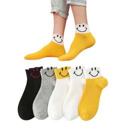 AKAMAS 5 Paar Damen Bunte Baumwollsocken,Lustige Socken mit Emoji-Muster,Socken mit Smiley-Muster,Weiche Alltagssocken,Neuartige Knöchelsocken,Geschenk für Mädchen von AKAMAS