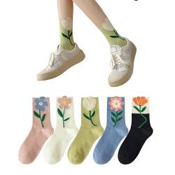 AKAMAS 5 Paar Damen Cartoon Blumenmuster Knöchelsocken,Bunte Baumwollsocken,Lustige Blume Floral Socken,Tulpe Socken,Mode Casual Socken,Crew Socken,Geschenke für Mädchen von AKAMAS