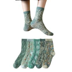 AKAMAS 5 Paar Damen Socken,Vintage Socken mit Grünem Blumenmuster,Bunte Alltagssocken Baumwollsocken,Atmungsaktive und Weiche Crew Socken,Modische Floral Socken,Elegant Warm Knöchelsocken von AKAMAS