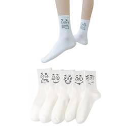 AKAMAS 5 Paare Damen Lustige Emoji Socken,Weiße Schrullige Muster Crew Socken,Weiche Gestrickte Baumwollsocken,Atmungsaktive Warme Casual Socken Sportsocken,5 verschiedene lustige Designs von AKAMAS