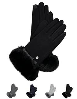 AKAROA ESTD 2019 Damen Handschuhe Liz, Touchscreen Handschuhe, extra weiches Teddyfutter, elastisches Jerseymaterial, Kunstfellstulpe, 100% vegan, schwarz, M/L von AKAROA ESTD 2019