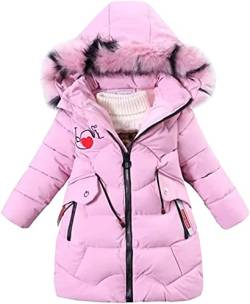 AKAUFENG Mädchen Wintermantel Winterjacke Dicke Steppjacke Warme Parka mit Fellkapuze und Love Stickdruck Design von AKAUFENG