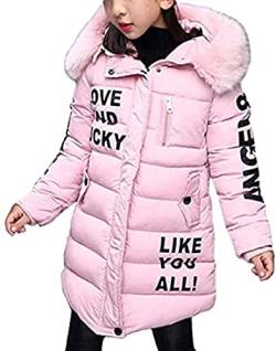 AKAUFENG Mantel Mädchen mit Fellkapuze Lang, Winterjacke Girl mit Pelzmütze Oberbekleidung Kinderjacke (Pink, 110) von AKAUFENG