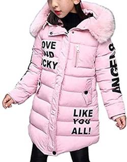 AKAUFENG Mantel Mädchen mit Fellkapuze Lang, Winterjacke Girl mit Pelzmütze Oberbekleidung Kinderjacke (Pink, 120) von AKAUFENG