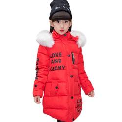 AKAUFENG Mantel Mädchen mit Fellkapuze Lang, Winterjacke Girl mit Pelzmütze Oberbekleidung Kinderjacke (Rot, 120) von AKAUFENG
