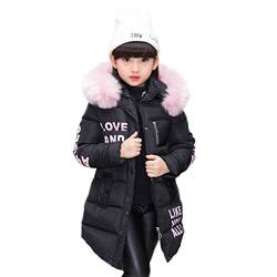 AKAUFENG Mantel Mädchen mit Fellkapuze Lang, Winterjacke Girl mit Pelzmütze Oberbekleidung Kinderjacke (Schwarz, 110) von AKAUFENG