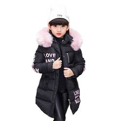 AKAUFENG Mantel Mädchen mit Fellkapuze Lang, Winterjacke Girl mit Pelzmütze Oberbekleidung Kinderjacke (Schwarz, 160) von AKAUFENG