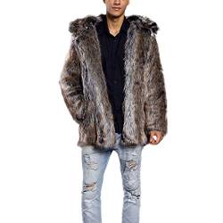 AKAUFENG Pelzmantel Mit Kapuze Kunst Felljacke Herren Leopard Muster Design Wind Coat Winterjacke Mantel Kunstpelz von AKAUFENG