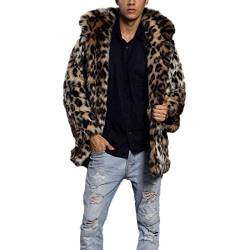 AKAUFENG Pelzmantel Mit Kapuze Kunst Felljacke Herren Leopard Muster Design Wind Coat Winterjacke Mantel Kunstpelz von AKAUFENG