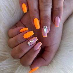 Künstliche Nägel, kurz, abnehmbar, Kleber enthalten, vollständig abdeckend, Orange mit Diamant, French Press auf den Nägeln, 24 Stück Nailart-Spitzen für Nagelstudios und Damen-DIY-Nagelkunst von AKAZI