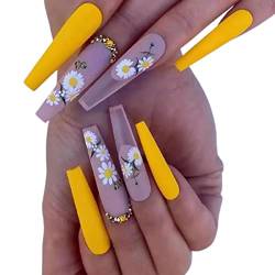 Nagelsticker 3 Sets Matte Frosted Fake Nail Artificail Nails Flowers Press-on Nails Set With Dekorative Diamonds Nail Decals for Women Girls DIY Craft Art (Color : Yellow) (Gelb) von AKAZI