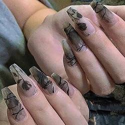 Press On Nails Schwarz Press-On Maniküre Frühlingsgeometrie Druck Acryl French Nails Tips Gel Finish Matte Finish Künstliche Nägel mit Nail Art Design für Frauen und Mädchen von AKAZI