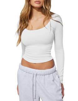 AKLOPVII Geripptes Strick-Top für Damen, langärmelig, bauchfrei, U-Ausschnitt, eng anliegend, lässig, zum Ausgehen, Workout-T-Shirt, Weiss/opulenter Garten, Klein von AKLOPVII