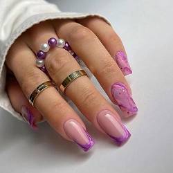 AKOFIC 24 Stück Nägel zum Aufkleben Mittellang, Sarg Press on Nails French, Ballerina Matt Lila Kunstnägel mit Diamond Design, Coffin Fake Nails Künstliche Fingernägel für Frauen Mädchen von AKOFIC