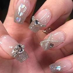 AKOFIC 24 Stück Press on Nails Mittlere Sarg, French Acryl Künstliche Nägel, Nägel Zum Aufkleben mit Jelly Nagelkleber, Diamant Glitter Ballerina Fake Nails für Frauen Mädchen von AKOFIC