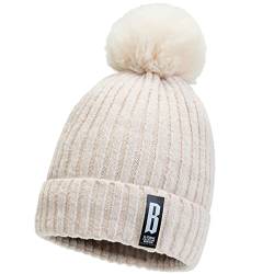 AKOFIC Wintermütze Damen, Warme Strickmütze Damen Mütze mit Kunstpelz Bommel, Strick Beanie Mütze Damen Winter Mütze Fleece Futter Bommelmütze für Snowboard Fahrrad (Beige) von AKOFIC