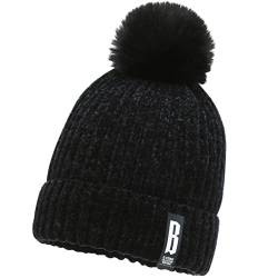 AKOFIC Wintermütze Damen, Warme Strickmütze Damen Mütze mit Kunstpelz Bommel, Strick Beanie Mütze Damen Winter Mütze Fleece Futter Bommelmütze für Snowboard Fahrrad (Schwarz) von AKOFIC