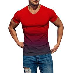 AKOMOWO T-Shirts für Herren 2024, V-Ausschnitt, kurzärmelig, Baumwolle, Farbverlauf, schmale Passform, rot, L von AKOMOWO