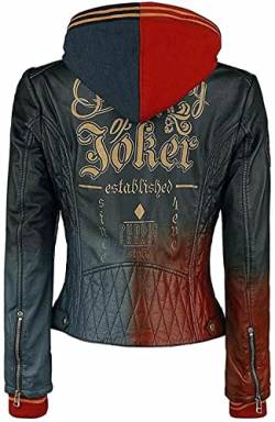 AKSAH FASHION Damen Greifvögel Harley Quinn Kostüm Steppleder Bomber Blau Rot Jacke mit abnehmbarer Kapuze, mehrfarbig, 36 von AKSAH FASHION