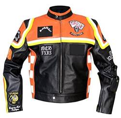 Aksah Fashion s Herren HDDM Mickey Rourke Biker Rindsleder Jacke | Orange und Schwarz Lederjacke, mehrfarbig, XXL von AKSAH FASHION