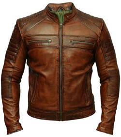 Herren Biker Cafe Racer Retro Vintage Motorrad Wachs Braun Used-Lederjacke, braun, S von AKSAH FASHION