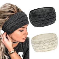 2 Stück Winter Stirnband Damen Stirnbänder Gestrickte Verdicken Haarband (Dunkelgrau & Beige) von AKTVSHOW