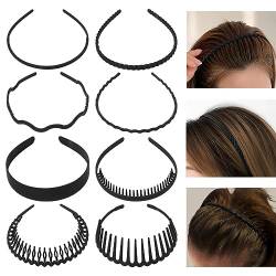 AKTVSHOW Kunststoff Haarband, 8 Stück Schwarz Haarreifen Männer Zickzack Haarreif Herren Multi-Style Elastisches Haarreif für Damen Stirnband mit Zähnen Dünne Rutschfeste Haarbänder von AKTVSHOW