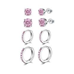 4 Paar Ohrstecker Ohrringe Set Silber Ohrstecker Rosa Weißgold Kleine Creolen Sleeper Knorpel Huggie Silber Ohrringe für Damen Mädchen Herren (Rosa) von AKUSESALI