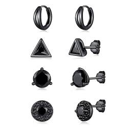 Ohrstecker Silber 925, 4 Paar Ohrringe Silber 925 Creolen Silber 925 mit Zirkonia, Klein Schlafen Knorpel Ohrstecker Ohrringe Set für Damen Mädchen (Schwarz) von AKUSESALI