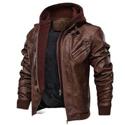 ALAIYO Jacke Herren Langarm Casual Übergangsjacke Einfarbig Jacke Herren Langarm Motorradjacke Gutaussehend Kapuze Jacke Herren Zip Lederimitat Jacke Herren B-Brown M von ALAIYO