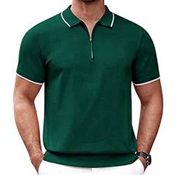Herren Poloshirt Kurzarm Casual Herren Poloshirt Mit Zipper Sportliches Polohemd Kurzarm Poloshirt Herren A-Green L von ALAIYO
