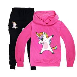 ALAMing Mädchen Regenbogen Einhorn Hoodie Jacke Sweatshirt Kleidung Cartoon Kostüm Hose Gr. 4-5 Jahre, rot von ALAMing