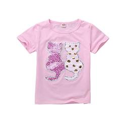 Kinder T-Shirt Flip Pailletten Baumwolle Kurzarm Print Tops Geeignet für Jungen und Mädchen Alter 3 bis 9 Jahre, Rosa/Katze, 7-8 Jahre von ALANTOP AEIL