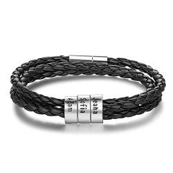 ALBERTBAND Herren Armband Schwarz Personalisierte Geburtssteine Armbänder Silber Leder Armband Damen mit Gravur 1-5 Namen Freundschaft Familie Geschenke Silber Charm Armband (3 names-21.5cm) von ALBERTBAND